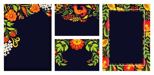 Concept set three ornament card poster, russian style khokhloma banner empty text black place flat vector illustration, isolated on white.