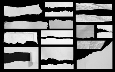 Set of ripped paper isolated on black background.