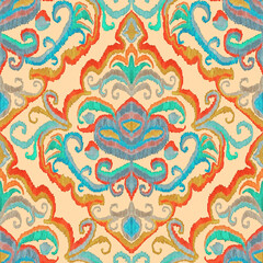 Fototapeta na wymiar Colorful ikat pattern in vintage style. Elegant ethnic background. Hand drawn oriental art. Seamless geometric vintage texture. 