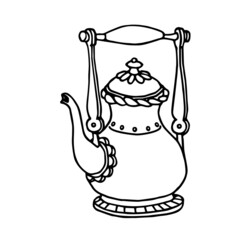 old copper decorative teapot, household element, vector illustration with black ink contour lines isolated on a white background in a doodle & hand drawn style