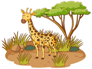 Giraffe in savannah forest on white background