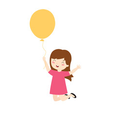 Cheerful cartoon girl with a balloon. The girl is jumping. Cartoon character.