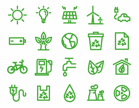 ecology and green energy line icons set.