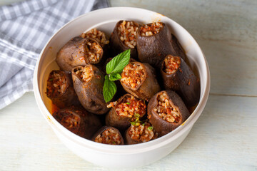 Traditional delicious Turkish foods; dried eggplant stuffed (Turkish name; Kuru patlican dolmasi)