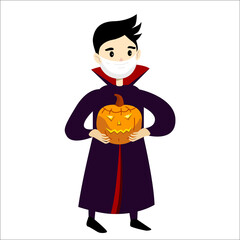 Little boy in halloween vampire costume and wear protective face mask. Coronavirus protection illustration. Vector illustration in cartoon style isolated on white background