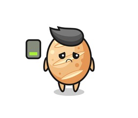 french bread mascot character doing a tired gesture