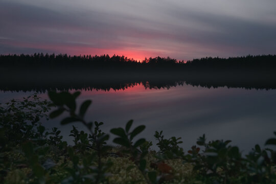 Picturesque landscape in the evening. Forest Lake. Glow from the setting sun.