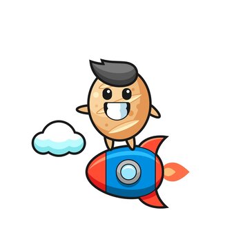 french bread mascot character riding a rocket