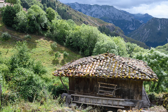 Typical Asturian granary in the town of Bandujo