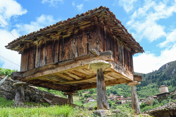 Typical Asturian granary in the town of Bandujo - obrazy, fototapety, plakaty