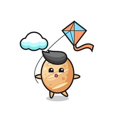 french bread mascot illustration is playing kite