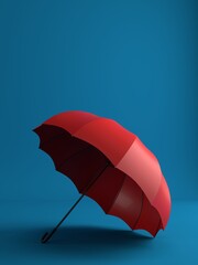 Opened bright red umbrella on a blue background. Place for text