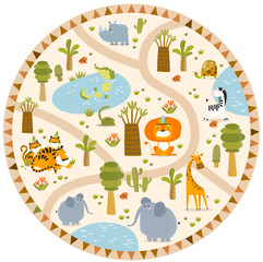 Vector tropical maze with animals in safari park. Cartoon tropical animals. African animals. Road in a safari park. Game for children. Children's play mat.
- 455945889