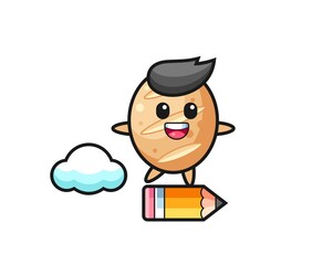 french bread mascot illustration riding on a giant pencil