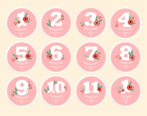 Set of stickers for children from birth to one year. It can be used for photo shoots stickers for nursery cards, posters, invitations. memory book
