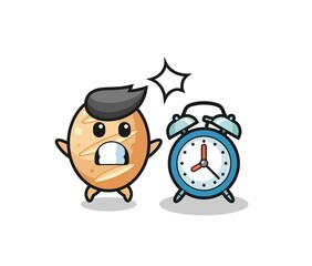 Cartoon Illustration of french bread is surprised with a giant alarm clock