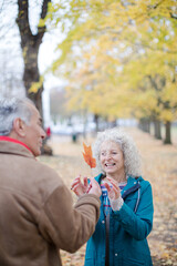 Fototapeta premium Affectionate, curious senior couple holding leaf in autumn park