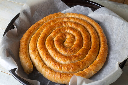 Turkish Tepsi Boregi, Round Borek, Tray pastry (Turkish name; rulo borek)