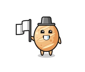 Cartoon character of french bread holding a flag