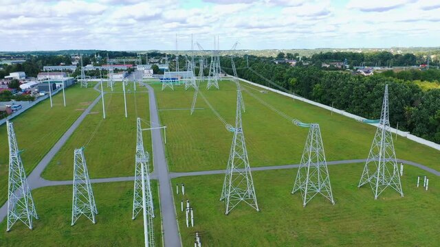 Electric transformers wires and grid. Long-range energy high voltage transmission.