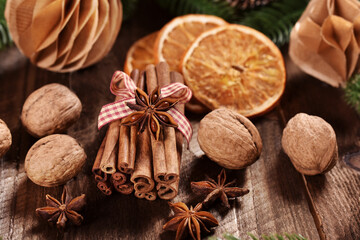 Cinnamon sticks and nuts for Christmas baking
