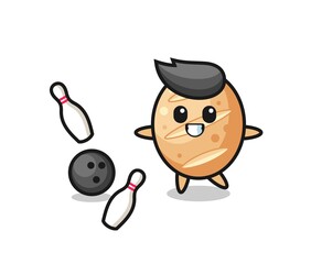 Character cartoon of french bread is playing bowling