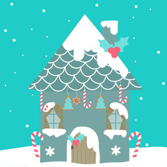 Christmas House Covered Snow With Christmas Bread . Greeting Card Background Poster. Vector Illustration.
