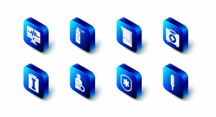 Set Bottle with nozzle spray, Measuring cup, First aid kit, Medical thermometer, shield cross, of medicine syrup, X-ray shots and Monitor cardiogram icon. Vector