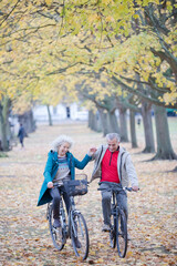Obraz premium Senior couple bike riding among trees and leaves in autumn park