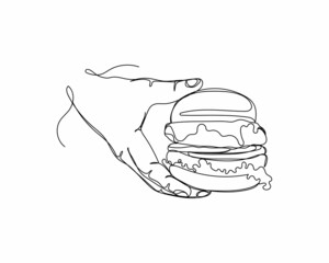 Continuous one line drawing of hand holding hamburger icon fast food concept in silhouette on a white background. Linear stylized.