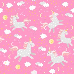 Seamless pattern with cute unicorns, clouds and moons on pink background. Print for baby fabric.