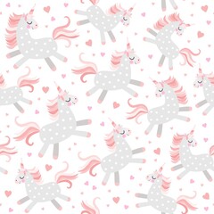 Cute unicorns with pink manes and tails. Seamless pattern with unicorns and hearts on white background. Print for baby fabric.
