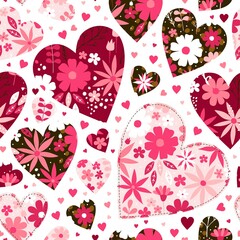 Valentine's day seamless pattern with hearts with floral ornaments in patchwork style.