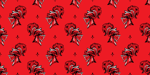 Vector Seamless Pattern with Knight Head in Helmet with Feathers on Red Background. Black and White Line Art Flat Style Design