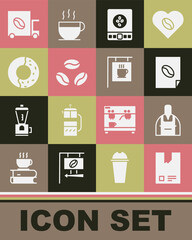 Set Bag of coffee beans, Barista, Coffee poster, Electronic scales, Donut with sweet glaze, street truck machine and Street signboard icon. Vector