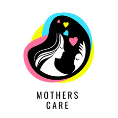 Vector Colorful Shape Logo with Silhouette of Mother and Child. Flat Style Design of Creative Logotype Mothers Care with Heart on White Background