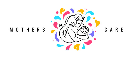 Vector Color Logo Mother Holding Baby in Arms with Heart. Line Art Style Design of Creative Logotype Love Mothers with Child Care on White Background