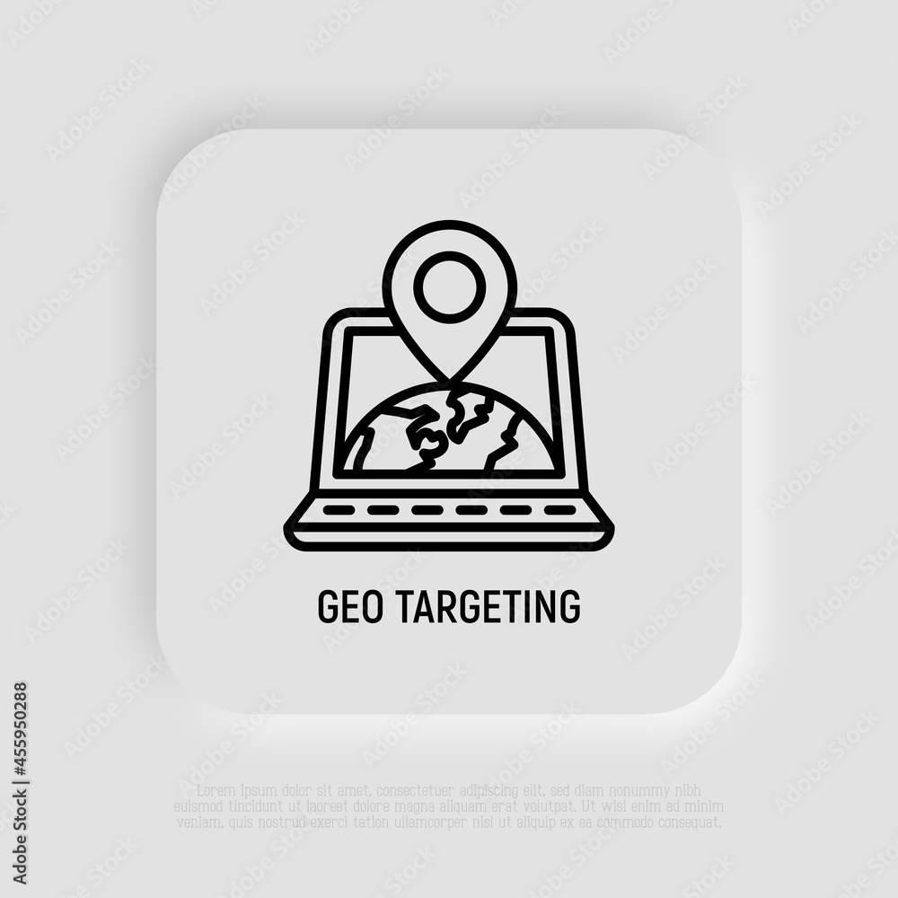 Poster geo targeting thin line icon, openlaptop with earth and pointer on her. modern vector illustration.