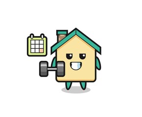 house mascot cartoon doing fitness with dumbbell