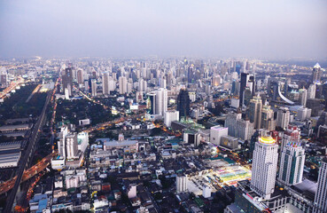 THAILAND, BANGKOK: Aerial cityscape view of architecture with old traditional temple buildings and modern skyscrapers