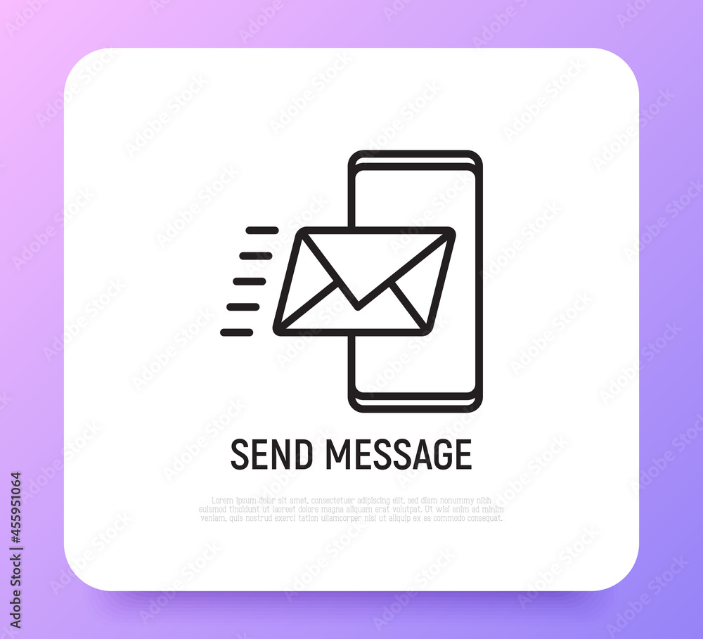Poster send message, envelope flying on smartphone thin line icon. modern vector illustration of web commun