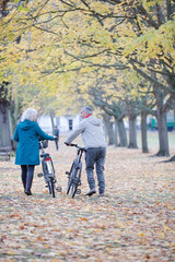Fototapeta premium Senior couple walking bicycles among trees and leaves in autumn park