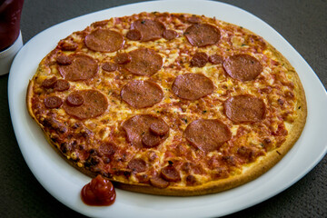 pepperoni salami pizza on a white square plate with ketchup