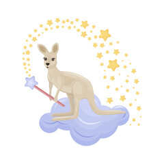A bright cute children s illustration with the image of a cute kangaroo sitting on a cloud surrounded by stars and holding a magic wand in its paws. Children s illustration for a print. Vector