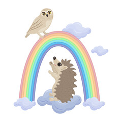 Bright cute children s illustration with the image of a cute hedgehog sitting on a cloud surrounded by a rainbow and looking at a cute owl sitting on a rainbow. Children s illustration for a print