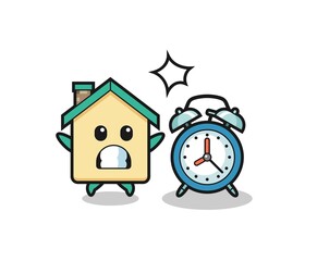 Cartoon Illustration of house is surprised with a giant alarm clock