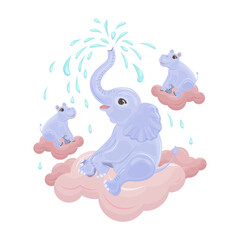 A bright, cute children s fairy-tale illustration with the image of cute blue hippos and a baby elephant flying on pink clouds. Cute animals surrounded by stars. Children s illustration for a print