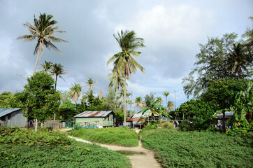 THAILAND, BANGKOK: Scenic landscape view of isolated Thai island with palms and traditional houses 