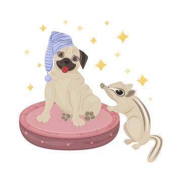 A bright cute children s illustration with the image of a cute pug puppy sitting on a pillow and a chipmunk standing next to it. Cute animals surrounded by stars. Children s illustration for a print