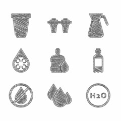 Fototapeta na wymiar Set Big bottle with clean water, Water drop, Chemical formula for H2O, Bottle of, forbidden, Defrosting, Jug glass and filter cartridge icon. Vector
